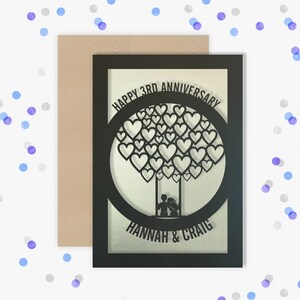 Personalised 3 Year Wedding Anniversary Card.  3rd Wedding anniversary paper cut card Leather Anniversary Card for couple