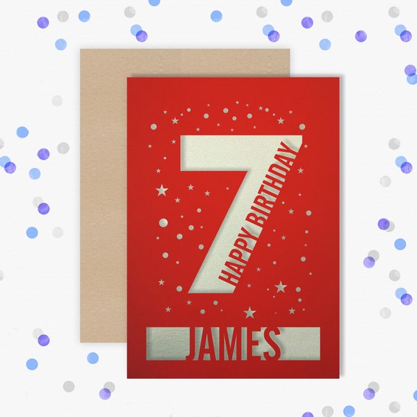 Personalised 7th Birthday Card Papercut contemporary star design Second Birthday, 7 Birthday, card for him