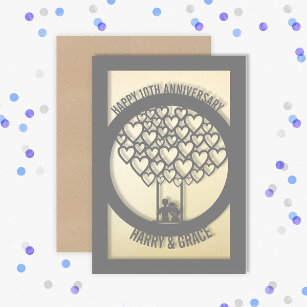 Personalised 10 Year Wedding Anniversary Card.  10th Wedding anniversary paper cut card Tin Anniversary Card for couples