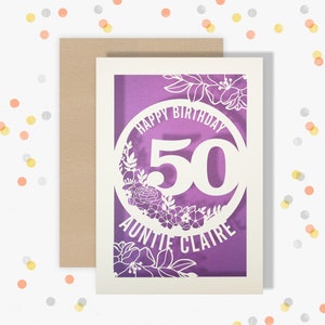 Personalised 50 Papercut Birthday Card Floral design with the name and age of your choice Any Age, for 18, 21, 30, 40, 50, 60, 70, 75, 80