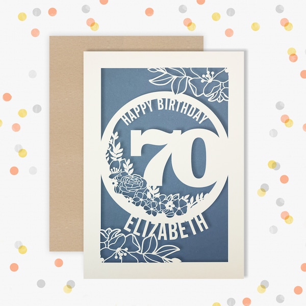 Personalised 70th Birthday Card Papercut Floral design Card for her 70