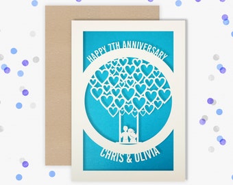 Personalised 7 Year Wedding Anniversary Card.  7th Wedding anniversary paper cut card Copper Anniversary