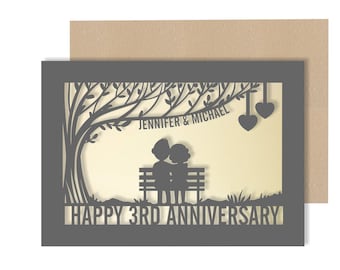 Personalised 3 Year Wedding Anniversary Card.  3rd Wedding anniversary paper cut card Leather Anniversary Card for couple