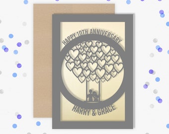 Personalised 10 Year Wedding Anniversary Card.  10th Wedding anniversary paper cut card Tin Anniversary Card for couples