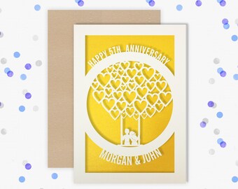 Personalised 5 Year Wedding Anniversary Card.  5th Wedding anniversary paper cut card wood Anniversary Card for Couple