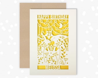 Personalised 21st Birthday Paper cut card, rabbit, hare, stars and moon design, 21 Birthday card for her