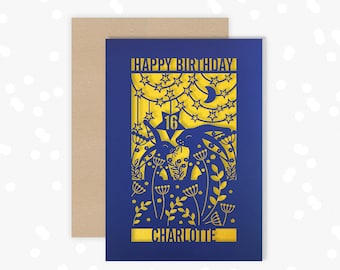 Personalised 16th Papercut Birthday Card Hare Rabbit Star design with your choice of name. Add any Age, 18, 21, 30, 40, 50, 60, 70, 75, 80