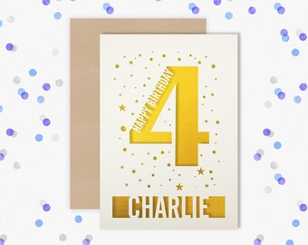 Personalised 4th Birthday Card Papercut contemporary star design Second Birthday, 4 Birthday, card for him