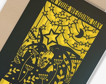 Carte de mariage personnalisée, carte de voeux de mariage en papier découpé, félicitations le jour du mariage pour les jeunes mariés, lapins découpés au laser