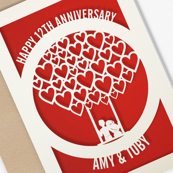 Personalised 12 Year Wedding Anniversary Card.  12th Wedding anniversary paper cut card Silk Anniversary