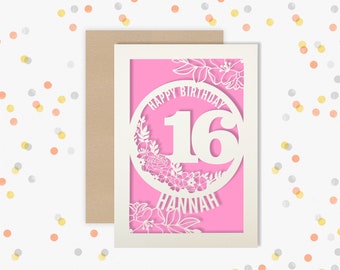 Personalised Paper cut Birthday Card Floral design Card. Any age 16, 18, 21, 30, 40, 50, 60, 65, 70 Papercut Greeting Card for her