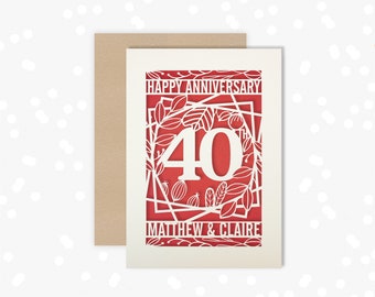 40th Anniversary Papercut Personalised card 40 Year wedding Celebrate a Ruby 40th wedding anniversary with this beautiful Card for couples