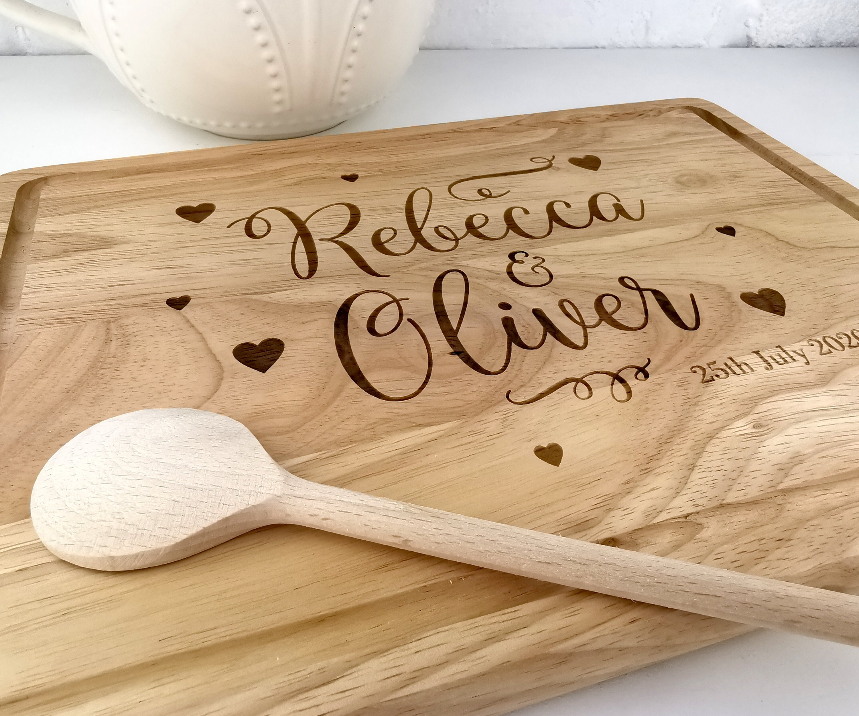 Personalised Chopping Board engraved with names, dates and littlehear…