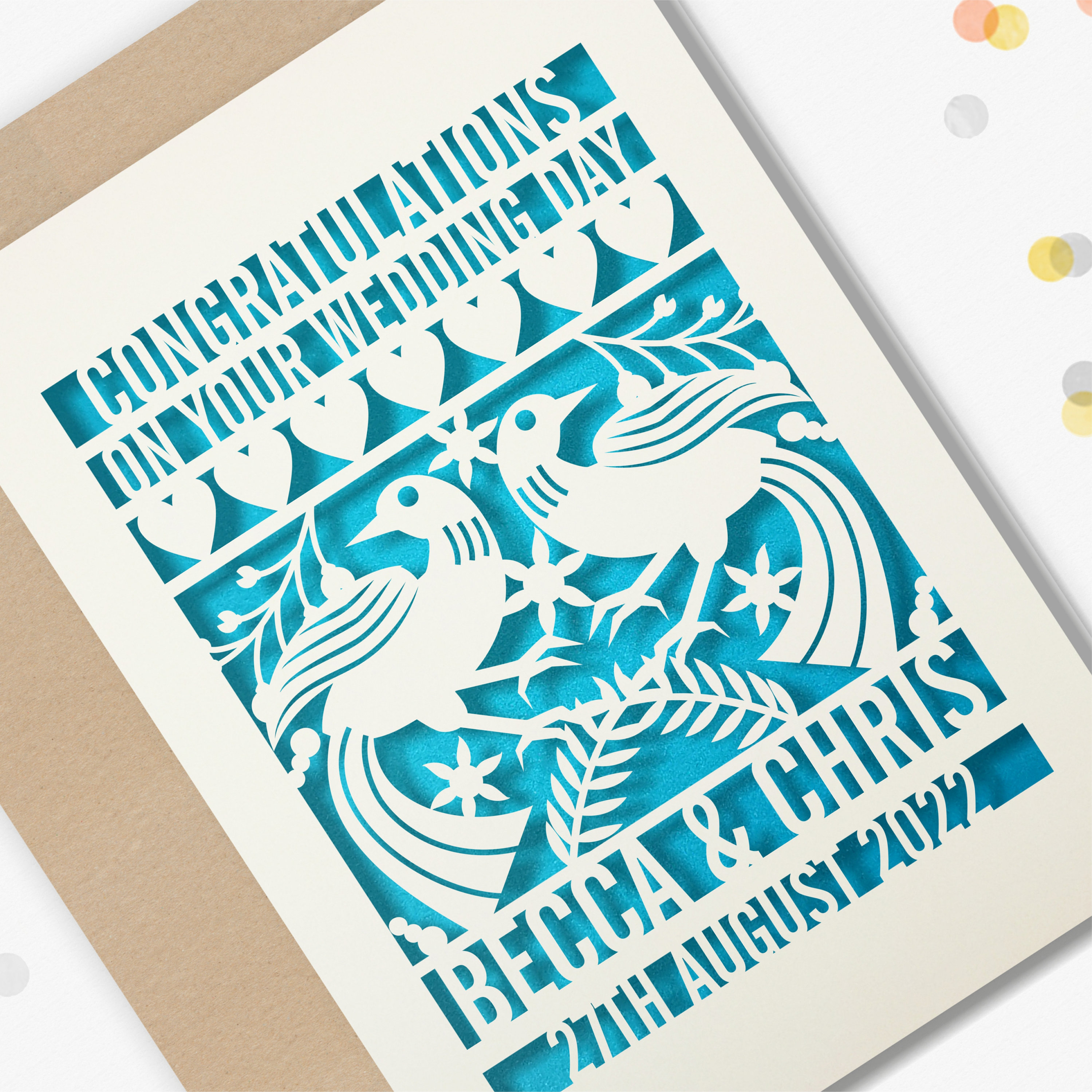 Personalised Wedding Card Paper Cut Wedding Greeting Card, Congratulations Wedding Day for Newlyweds Laser Cut Floral Birds Design