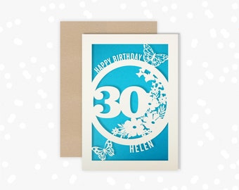 Personalised 30 Papercut Birthday Card Butterfly design with the name and age of your choice Any Age, for 18, 21, 30, 40, 50, 60, 70, 75, 80