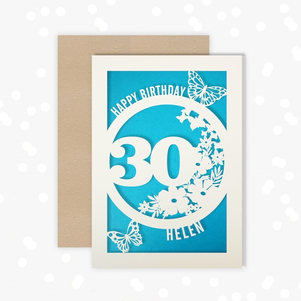 Personalised 30 Papercut Birthday Card Butterfly design with the name and age of your choice Any Age, for 18, 21, 30, 40, 50, 60, 70, 75, 80