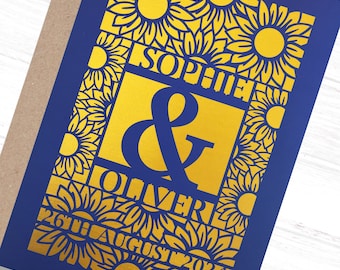 Personalised Wedding Card Paper Cut Wedding Greeting Card, Congratulations Wedding Day for Newlyweds Laser Cut Floral Sunflower design