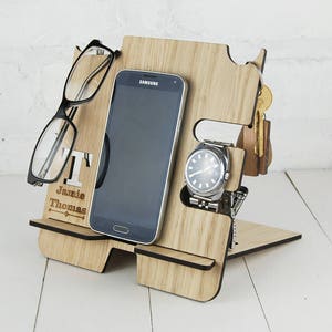 Personalised Docking Station Multi item storage Electronic Stand Wooden Mobile Phone Stand Initial & full name personalisation FREE image 1