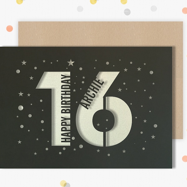 Personalised 16th Papercut Birthday Card Star design with the name of your choice. Or add any Age, 18, 21, 30, 40, 50, 60, 70, 75, 80