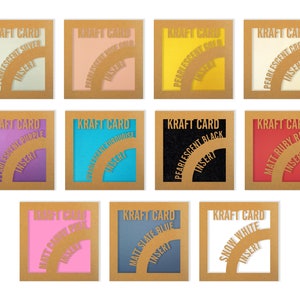 May include: Twelve kraft card samples with different colors and finishes. The colors include silver, rose gold, gold, cream, purple, turquoise, black, ruby red, pink, slate blue, and white. Each sample has the words "KRAFT CARD" and "INSERT" printed on it.