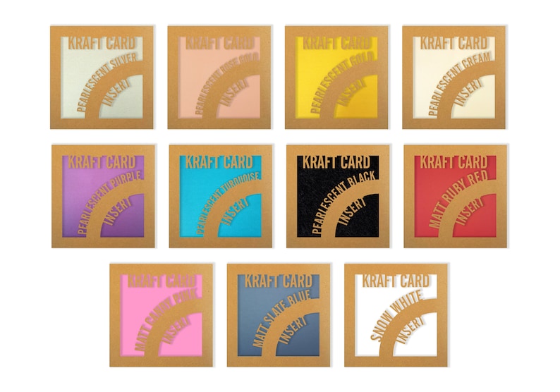 May include: Twelve kraft card samples with different colors and finishes. The colors include silver, rose gold, gold, cream, purple, turquoise, black, ruby red, pink, slate blue, and white. Each sample has the words "KRAFT CARD" and "INSERT" printed on it.