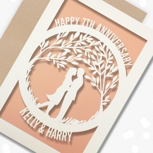 Papercut Personalised 7 Year Wedding Anniversary Card.  7th Wedding anniversary paper cut card Copper Anniversary silhouette tree couple
