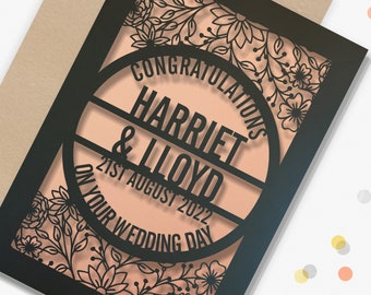 Personalised Wedding Card Paper Cut Wedding Greeting Card, Congratulations Wedding Day for Newlyweds Laser Cut Floral border design