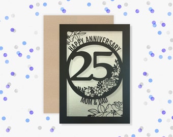 Personalised floral Papercut card 25 Year wedding anniversary Celebrate Silver 25th wedding anniversary with this beautiful Card for couples