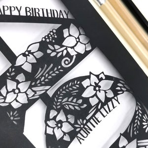 40th Birthday Card Personalised Papercut Floral design with flowers, leaves and delicate swirls image 2