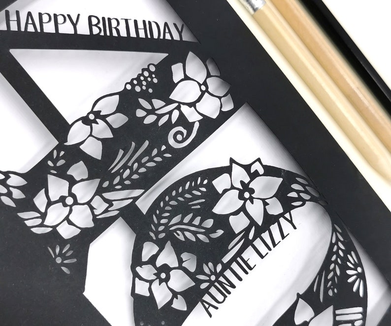 40th Birthday Card Personalised Papercut Floral design with flowers, leaves and delicate swirls image 2