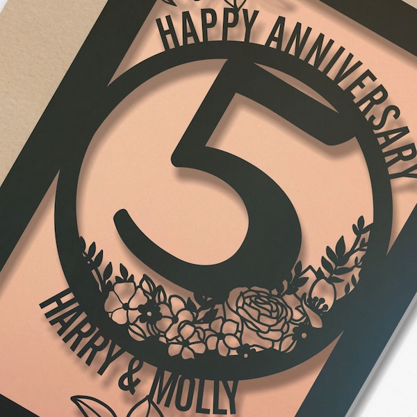 Personalised 5 Year Wedding Anniversary Card.  5th Wedding anniversary paper cut card wood Anniversary Card for Couple