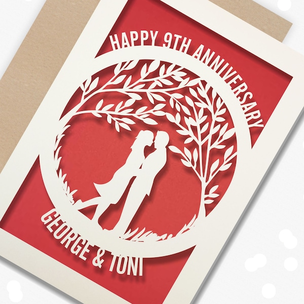 Paper cut Personalised 9 Year Wedding Anniversary Card.  9th Wedding anniversary paper cut card Pottery Anniversary silhouette tree couple