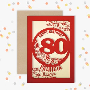 Personalised 80th Birthday Card Papercut Floral design Card for her 80