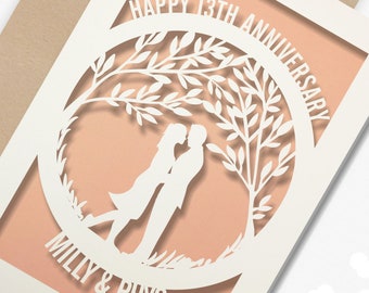 Papercut Personalised 13 Year Wedding Anniversary Card.  13th Wedding anniversary paper cut card Lace Anniversary  silhouette tree couple