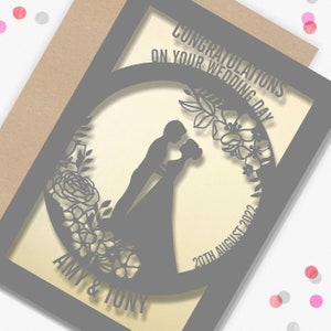 Personalised Wedding Card Paper Cut Wedding Greeting Card, Congratulations Wedding Day for Newlyweds Laser Cut Couple silhouette