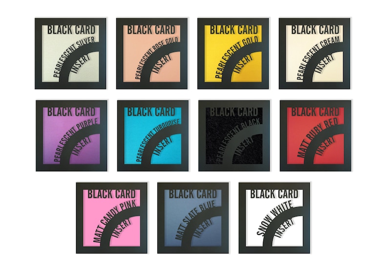 May include: Twelve small, square, black-framed cards with different colored inserts. Each card has the text "BLACK CARD" at the top and "INSERT" at the bottom. The inserts are in various colors, including silver, gold, cream, purple, turquoise, black, red, pink, blue, and white.