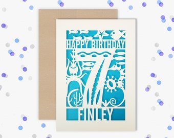 Personalised 7th Papercut Birthday Card Fish design with the name your choice. Grandson, nephew, son, Brother 7