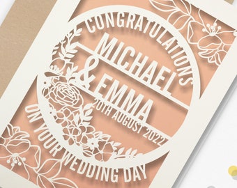 Carte de mariage personnalisée en papier découpé, Félicitations le jour du mariage pour les jeunes mariés, floral découpé au laser