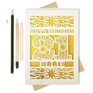 Personalised 21st Papercut Birthday Card with the name of your choice. Or add any Age, 18, 21, 30, 40, 50, 60, 70, 75, 80 image 4