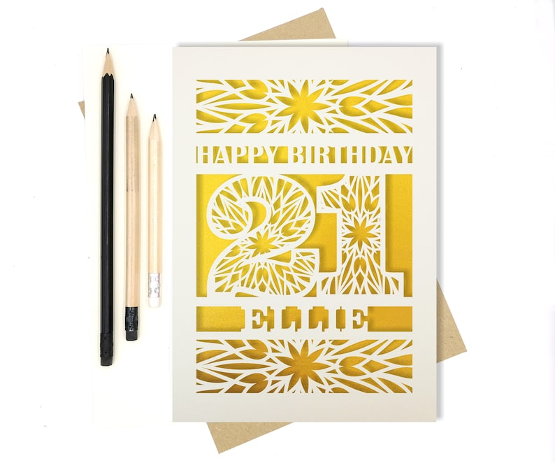 Personalised 21st Papercut Birthday Card with the name of your choice. Or add any Age, 18, 21, 30, 40, 50, 60, 70, 75, 80 image 4