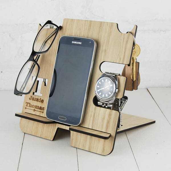 Personalised Docking Station - Multi item storage - Electronic Stand - Wooden Mobile Phone Stand - Initial & full name personalisation FREE