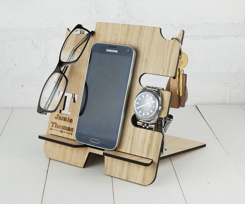 Personalised Docking Station Multi item storage Electronic Stand Wooden Mobile Phone Stand Initial & full name personalisation FREE image 1