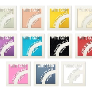 May include: Twelve white cards with different colored inserts. Each card has the text "WHITE CARD" and "INSERT" printed on it. The inserts are in the following colors: silver, rose gold, gold, cream, purple, turquoise, black, ruby red, candy pink, slate blue, and white.