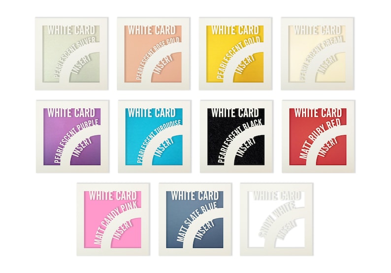May include: Twelve white cards with different colored inserts. Each card has the text "WHITE CARD" and "INSERT" printed on it. The inserts are in the following colors: silver, rose gold, gold, cream, purple, turquoise, black, ruby red, candy pink, slate blue, and white.