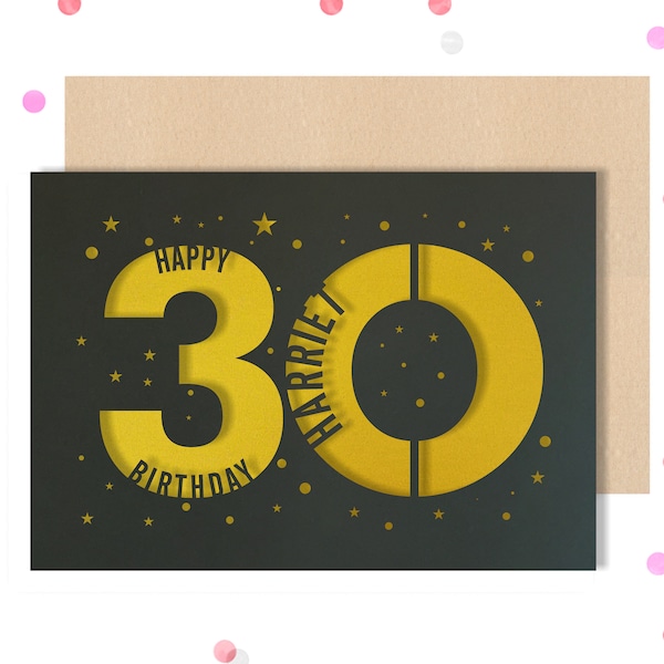 Personalised 30th Papercut Birthday Card Star design with the name your choice. Request any Age, for 18, 21, 30, 40, 50, 60, 70, 75, 80