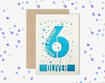 Personalised 6th Birthday Card Papercut contemporary star design Sixth Birthday, 6 Birthday, card for him or her