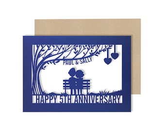 Personalised 5 Year Wedding Anniversary Card.  5th Wedding anniversary paper cut card wood Anniversary Card for Couple