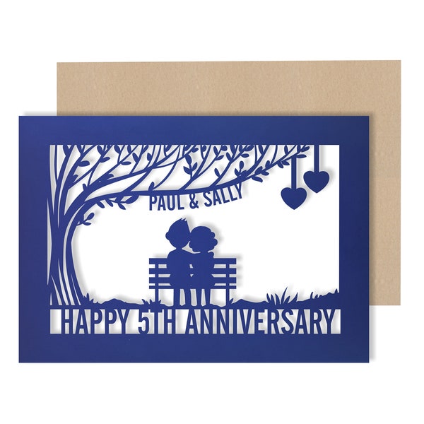 Personalised 5 Year Wedding Anniversary Card.  5th Wedding anniversary paper cut card wood Anniversary Card for Couple