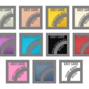 May include: A set of ten grey cards with different colored inserts. The cards are labeled with the color and finish of the insert, such as "Pearlescent Silver", "Matt Candy Pink", and "Snow White".
