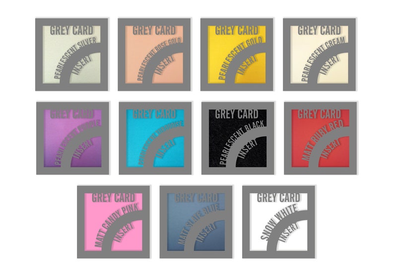 May include: A set of ten grey cards with different colored inserts. The cards are labeled with the color and finish of the insert, such as "Pearlescent Silver", "Matt Candy Pink", and "Snow White".
